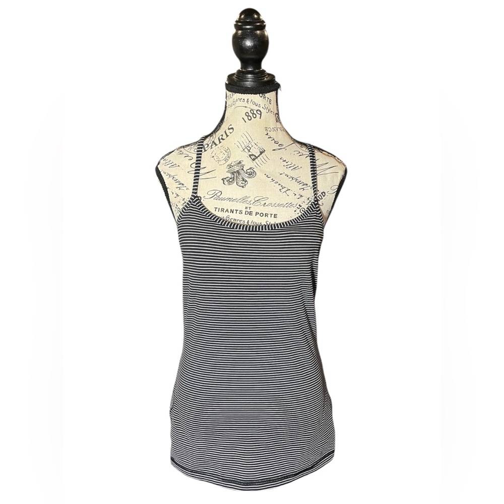 Lululemon Black-and-White Striped Athletic Y-Tank Top, Size Eight, Built-in Bra.